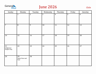 Current month calendar with Chile holidays for June 2026