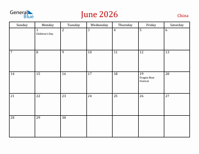 Current month calendar with China holidays for June 2026