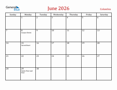 Current month calendar with Colombia holidays for June 2026