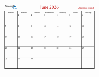 Current month calendar with Christmas Island holidays for June 2026