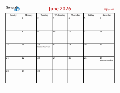 Current month calendar with Djibouti holidays for June 2026