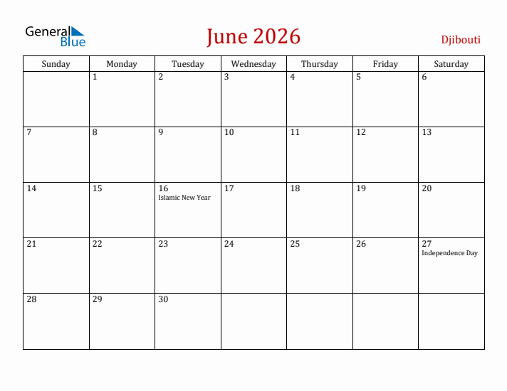 Djibouti June 2026 Calendar - Sunday Start