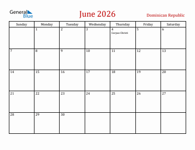 Current month calendar with Dominican Republic holidays for June 2026
