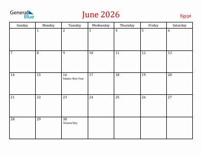 Current month calendar with Egypt holidays for June 2026