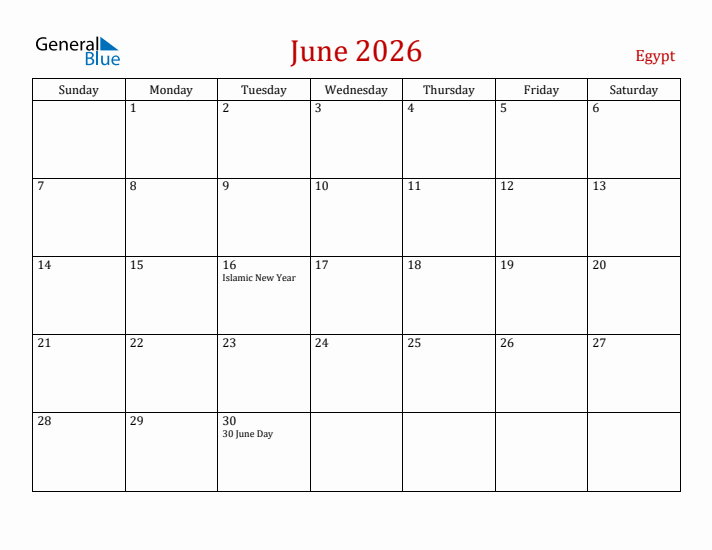 Egypt June 2026 Calendar - Sunday Start