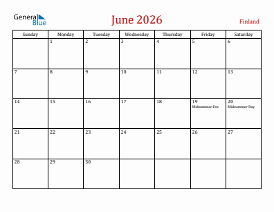 Current month calendar with Finland holidays for June 2026