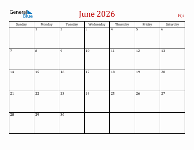 Current month calendar with Fiji holidays for June 2026