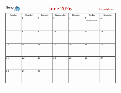 Current month calendar with Faroe Islands holidays for June 2026