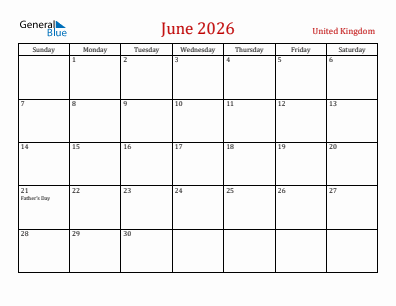 Current month calendar with United Kingdom holidays for June 2026
