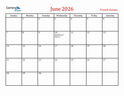Current month calendar with French Guiana holidays for June 2026