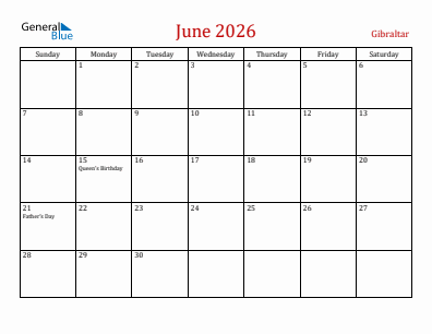 Current month calendar with Gibraltar holidays for June 2026