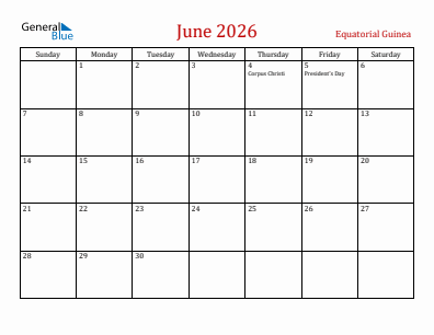 Current month calendar with Equatorial Guinea holidays for June 2026