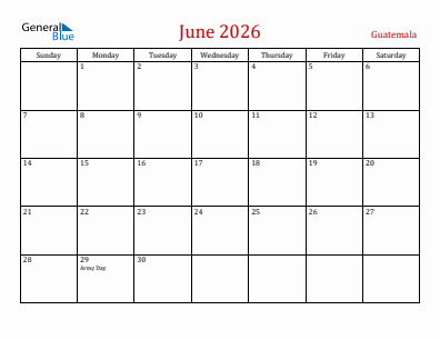 Current month calendar with Guatemala holidays for June 2026