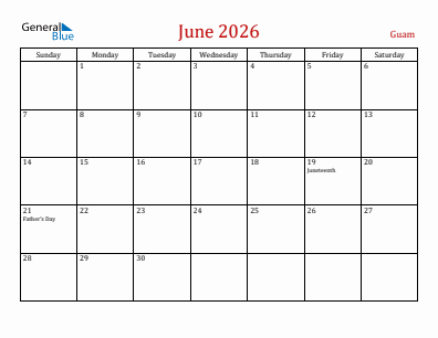 Current month calendar with Guam holidays for June 2026