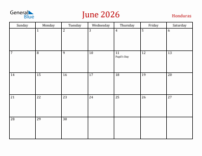 Current month calendar with Honduras holidays for June 2026