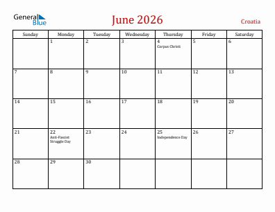Current month calendar with Croatia holidays for June 2026