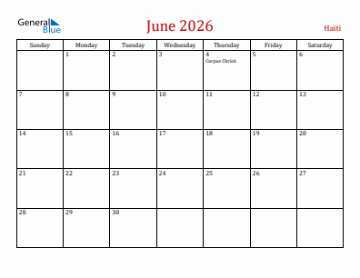 Current month calendar with Haiti holidays for June 2026