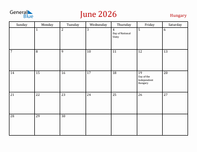 Current month calendar with Hungary holidays for June 2026