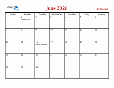 Current month calendar with Indonesia holidays for June 2026