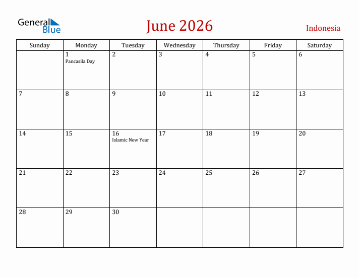 Indonesia June 2026 Calendar - Sunday Start