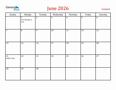 Current month calendar with Ireland holidays for June 2026