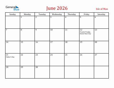 Current month calendar with Isle of Man holidays for June 2026