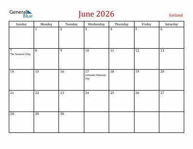 Current month calendar with Iceland holidays for June 2026