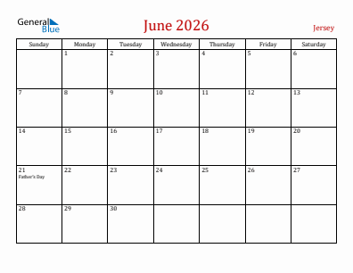 Current month calendar with Jersey holidays for June 2026