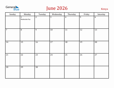 Current month calendar with Kenya holidays for June 2026