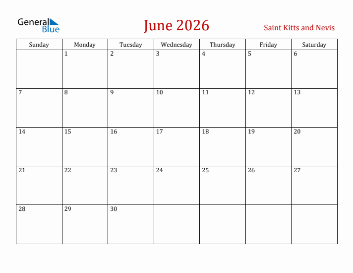 Saint Kitts and Nevis June 2026 Calendar - Sunday Start