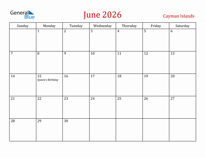 Cayman Islands June 2026 Calendar - Sunday Start