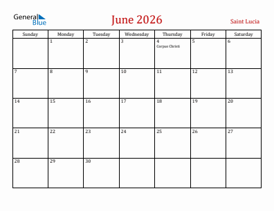 Current month calendar with Saint Lucia holidays for June 2026