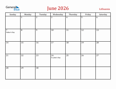 Current month calendar with Lithuania holidays for June 2026