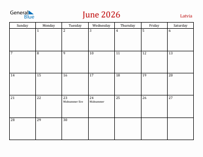 Current month calendar with Latvia holidays for June 2026