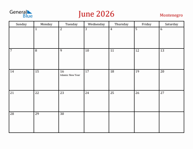 Current month calendar with Montenegro holidays for June 2026
