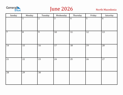 Current month calendar with North Macedonia holidays for June 2026