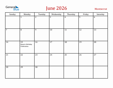 Current month calendar with Montserrat holidays for June 2026