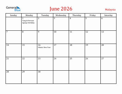 Current month calendar with Malaysia holidays for June 2026