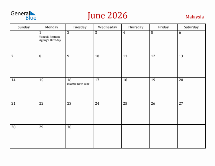 Malaysia June 2026 Calendar - Sunday Start