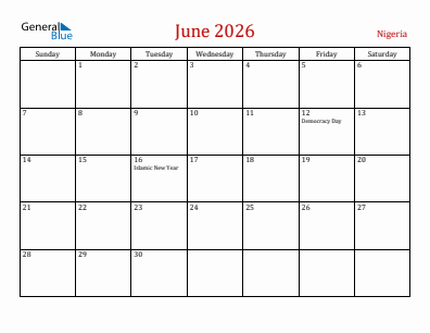 Current month calendar with Nigeria holidays for June 2026