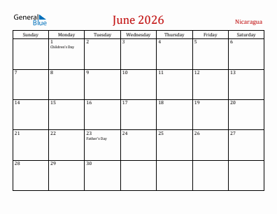 Current month calendar with Nicaragua holidays for June 2026