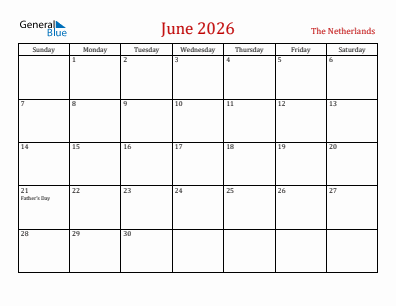Current month calendar with The Netherlands holidays for June 2026