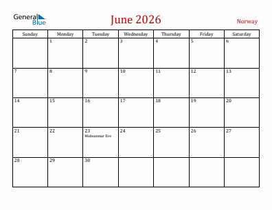 Current month calendar with Norway holidays for June 2026