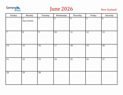 Current month calendar with New Zealand holidays for June 2026