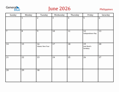 Current month calendar with Philippines holidays for June 2026