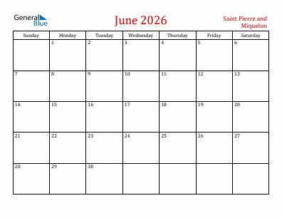 Current month calendar with Saint Pierre and Miquelon holidays for June 2026