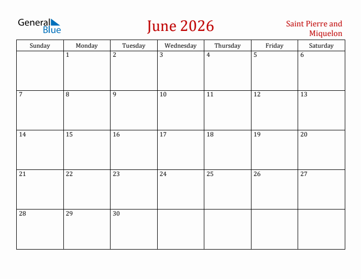 Saint Pierre and Miquelon June 2026 Calendar - Sunday Start