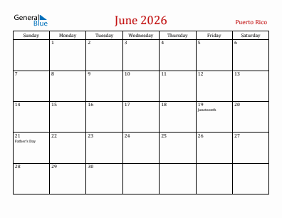Current month calendar with Puerto Rico holidays for June 2026
