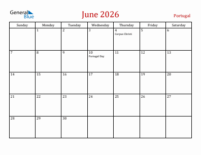 Current month calendar with Portugal holidays for June 2026