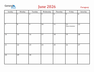 Current month calendar with Paraguay holidays for June 2026